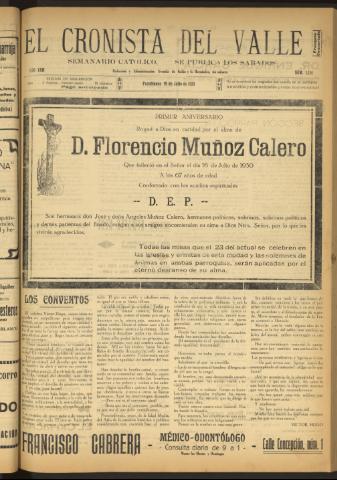 'El Cronista del Valle' - Época 1ª Año XXII Número 1114 - 1931 julio 18