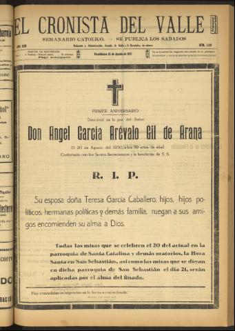 'El Cronista del Valle' - Época 1ª Año XXII Número 1118 - 1931 agosto 15