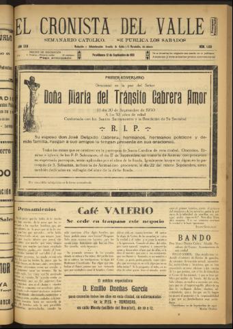 'El Cronista del Valle' - Época 1ª Año XXII Número 1122 - 1931 septiembre 12