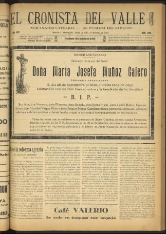 'El Cronista del Valle' - Época 1ª Año XXII Número 1123 - 1931 septiembre 19
