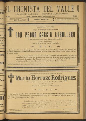 'El Cronista del Valle' - Época 1ª Año XXII Número 1126 - 1931 octubre 10