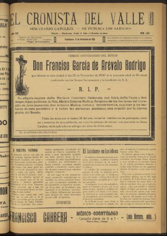 'El Cronista del Valle' - Época 1ª Año XXII Número 1132 - 1931 noviembre 21