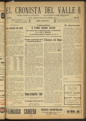 'El Cronista del Valle' - Época 1ª Año XXIV Número 1216 - 1933 julio 01