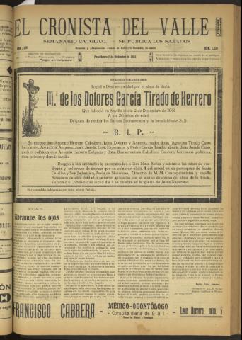 'El Cronista del Valle' - Época 1ª Año XXIV Número 1238 - 1933 diciembre 02