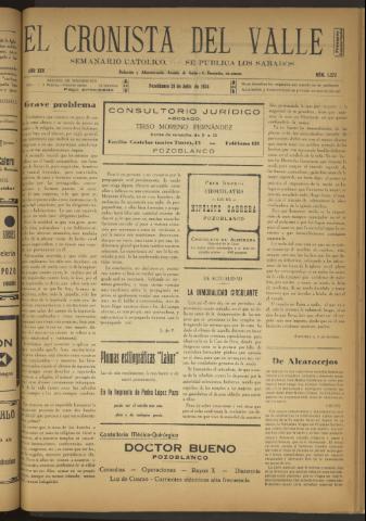 'El Cronista del Valle' - Época 1ª Año XXV Número 1272 - 1934 julio 28