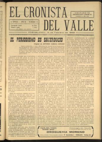 'El Cronista del Valle' - Época 2ª Año III Número 71 - 1959 febrero 14