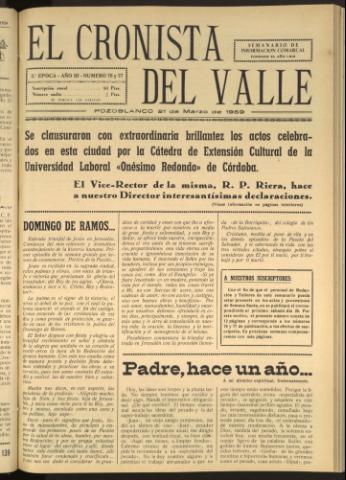 'El Cronista del Valle' - Época 2ª Año III Número 76-77 - 1959 marzo 21