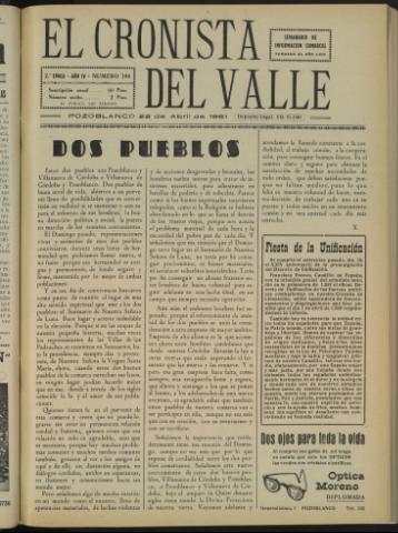 'El Cronista del Valle' - Época 2ª Año IV Número 184 - 1961 abril 22
