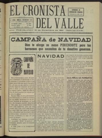 'El Cronista del Valle' - Época 2ª Año IV Número 218 - 1961 diciembre 16