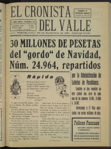 'El Cronista del Valle' - Época 2ª Año IV Número 219 - 1961 diciembre 23