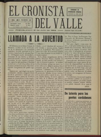 'El Cronista del Valle' - Época 2ª Año V Número 249 - 1962 julio 21