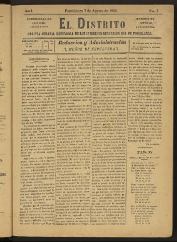 'El Distrito : revista Semanal Defensora de los Intereses Generales de Pozoblanco' - Año I Número 7 - 1895 agosto 07