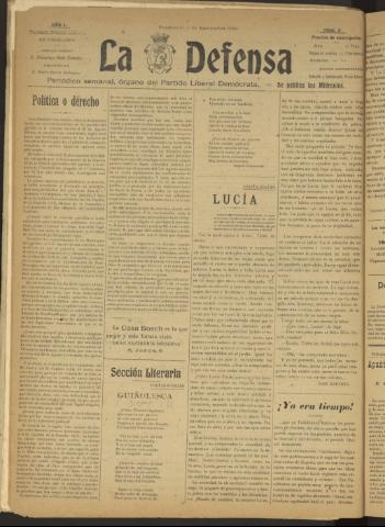 'La Defensa : periódico semanal, órgano del Partido Liberal Demócrata' - Año I Número 3 - 1920 septiembre 01