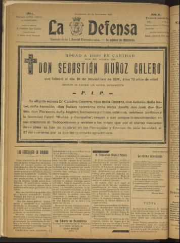 'La Defensa : periódico semanal, órgano del Partido Liberal Demócrata' - Año I Número 15 - 1920 noviembre 24