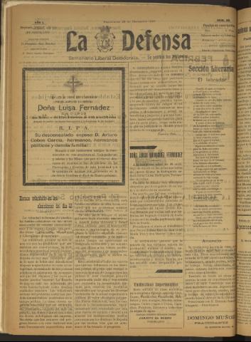 'La Defensa : periódico semanal, órgano del Partido Liberal Demócrata' - Año I Número 20 - 1920 diciembre 29