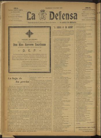 'La Defensa : periódico semanal, órgano del Partido Liberal Demócrata' - Año II Número 33 - 1921 abril 06