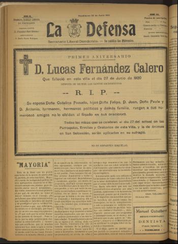 'La Defensa : periódico semanal, órgano del Partido Liberal Demócrata' - Año II Número 44 - 1921 junio 22