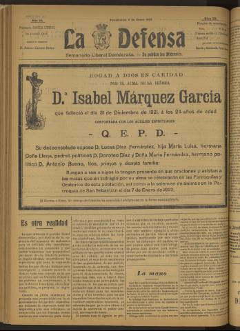 'La Defensa : periódico semanal, órgano del Partido Liberal Demócrata' - Año III Número 72 - 1922 enero 04