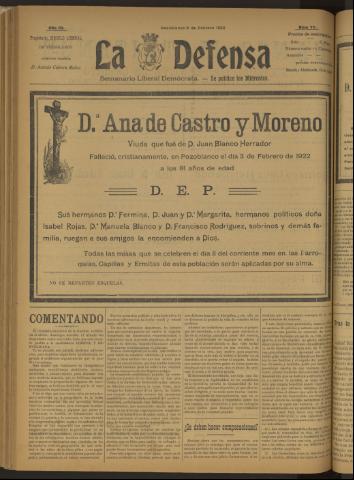 'La Defensa : periódico semanal, órgano del Partido Liberal Demócrata' - Año III Número 77 - 1922 febrero 08