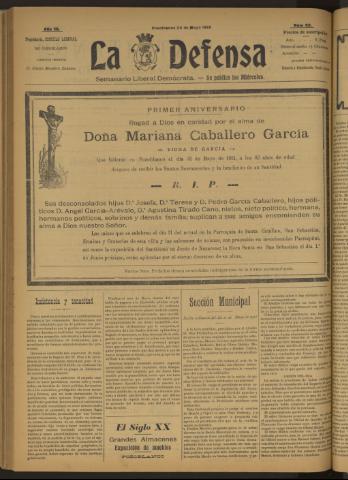 'La Defensa : periódico semanal, órgano del Partido Liberal Demócrata' - Año III Número 92 - 1922 mayo 24