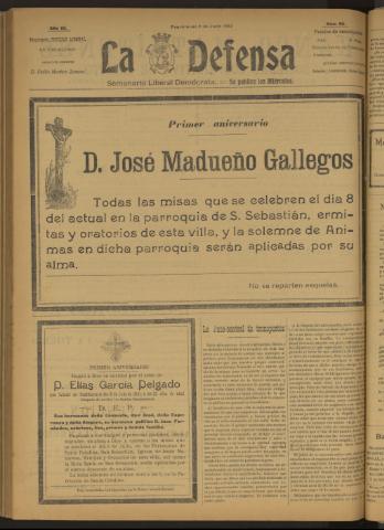 'La Defensa : periódico semanal, órgano del Partido Liberal Demócrata' - Año III Número 98 - 1922 julio 05