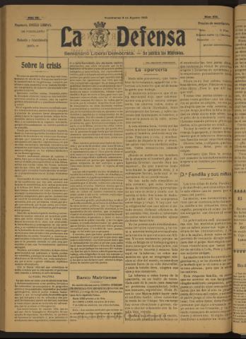 'La Defensa : periódico semanal, órgano del Partido Liberal Demócrata' - Año III Número 103 - 1922 agosto 09