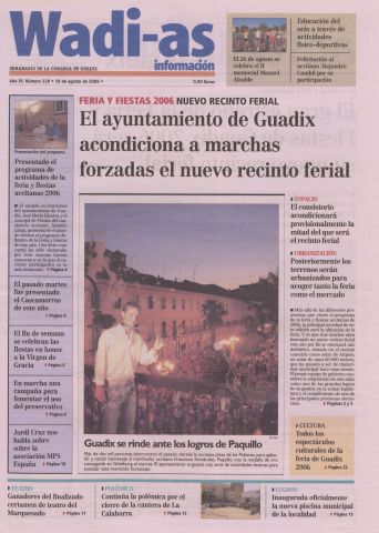 'Wadi-as información : periódico semanal de la comarca de Guadix.' - Año III Número 228 - 2006 agosto 18