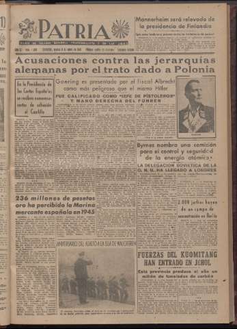 'Patria : diario de Falange Española Tradicionalista y de las J.O.N.S.' - Año XI Número 2ed_2830 - 1946 enero 8