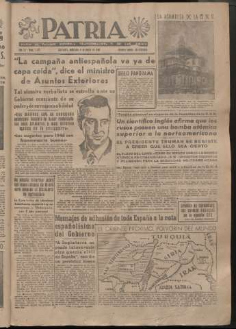 'Patria : diario de Falange Española Tradicionalista y de las J.O.N.S.' - Año XI Número 2831 - 1946 enero 9
