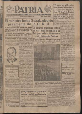 'Patria : diario de Falange Española Tradicionalista y de las J.O.N.S.' - Año XI Número 2833 - 1946 enero 11