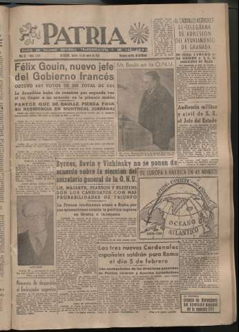 'Patria : diario de Falange Española Tradicionalista y de las J.O.N.S.' - Año XI Número 2844 - 1946 enero 24