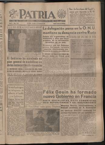 'Patria : diario de Falange Española Tradicionalista y de las J.O.N.S.' - Año XI Número 2847 - 1946 enero 27