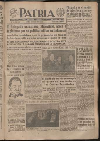 'Patria : diario de Falange Española Tradicionalista y de las J.O.N.S.' - Año XI Número 2857 - 1946 febrero 8