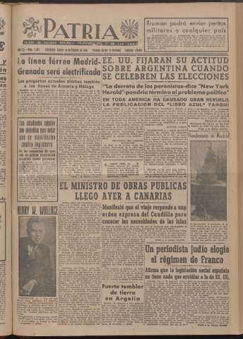 'Patria : diario de Falange Española Tradicionalista y de las J.O.N.S.' - Año XI Número 2ed_2862 - 1946 febrero 14