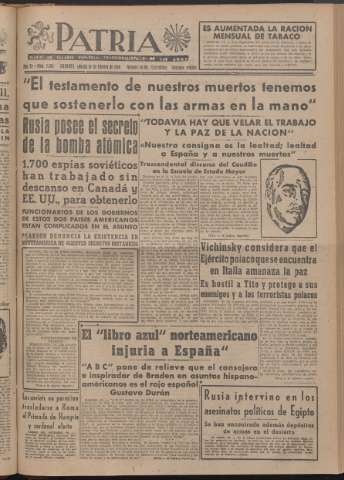 'Patria : diario de Falange Española Tradicionalista y de las J.O.N.S.' - Año XI Número 2ed_2864 - 1946 febrero 16