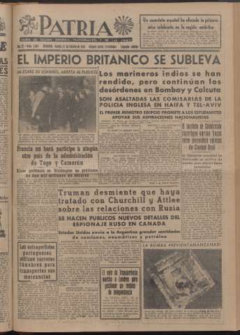 'Patria : diario de Falange Española Tradicionalista y de las J.O.N.S.' - Año XI Número 2ed_2869 - 1946 febrero 22