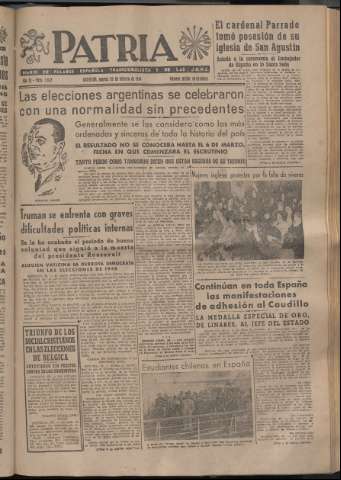 'Patria : diario de Falange Española Tradicionalista y de las J.O.N.S.' - Año XI Número 2872 - 1946 febrero 26