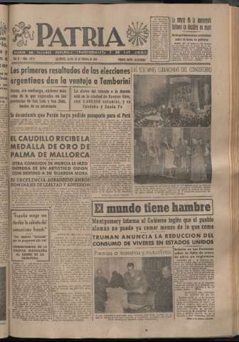 'Patria : diario de Falange Española Tradicionalista y de las J.O.N.S.' - Año XI Número 2874 - 1946 febrero 28