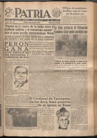 'Patria : diario de Falange Española Tradicionalista y de las J.O.N.S.' - Año XI Número 2875 - 1946 marzo 1