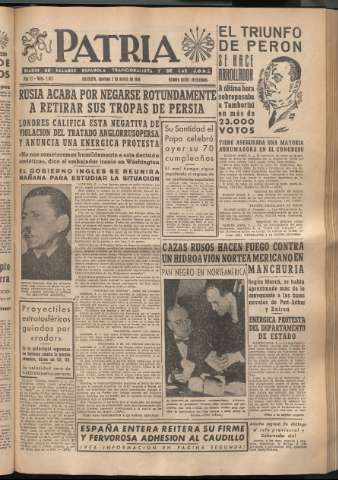 'Patria : diario de Falange Española Tradicionalista y de las J.O.N.S.' - Año XI Número 2877 - 1946 marzo 3