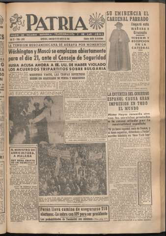 'Patria : diario de Falange Española Tradicionalista y de las J.O.N.S.' - Año XI Número 2883 - 1946 marzo 10