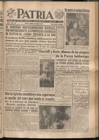 'Patria : diario de Falange Española Tradicionalista y de las J.O.N.S.' - Año XI Número 2885 - 1946 marzo 13