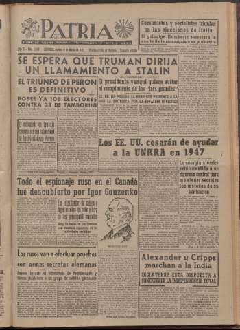 'Patria : diario de Falange Española Tradicionalista y de las J.O.N.S.' - Año XI Número 2ed_2900 - 1946 marzo 19