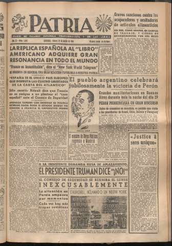 'Patria : diario de Falange Española Tradicionalista y de las J.O.N.S.' - Año XI Número 2903 - 1946 marzo 22