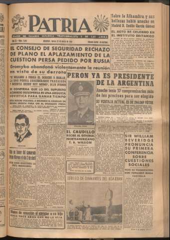 'Patria : diario de Falange Española Tradicionalista y de las J.O.N.S.' - Año XI Número 2908 - 1946 marzo 28