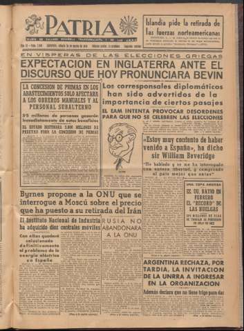 'Patria : diario de Falange Española Tradicionalista y de las J.O.N.S.' - Año XI Número 2ed_2910 - 1946 marzo 31