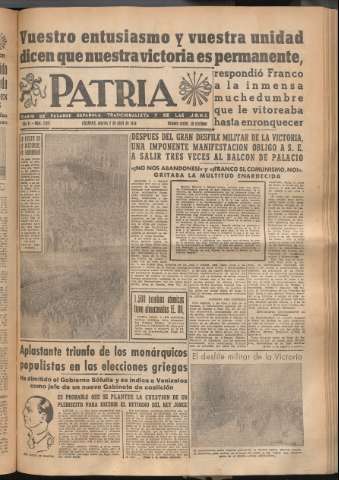 'Patria : diario de Falange Española Tradicionalista y de las J.O.N.S.' - Año XI Número 2912 - 1946 abril 2