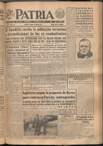 'Patria : diario de Falange Española Tradicionalista y de las J.O.N.S.' - Año XI Número 2917 - 1946 abril 7