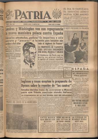 'Patria : diario de Falange Española Tradicionalista y de las J.O.N.S.' - Año XI Número 2918 - 1946 abril 9
