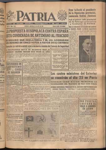 'Patria : diario de Falange Española Tradicionalista y de las J.O.N.S.' - Año XI Número 2919 - 1946 abril 10